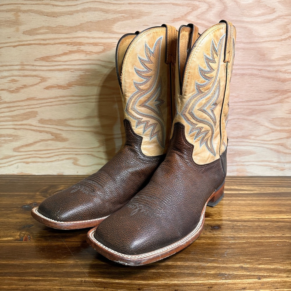 Tony Lama Cowboy Boots Mens 12 D Brown Tan Goat Leather Square Toe USA 7954